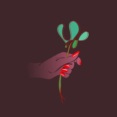 Nails art salon vector logo.Illustration of Afro American woman hand with elegant, beautiful manicure.Cosmetics, beauty, spa and style icon isolated on dark fund.Shiny bright nail polish.Flower shape.