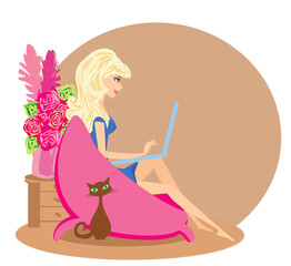 Online shopping - young smiling woman sitting with laptop computer