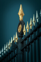 Iron fence with gold. Vintage. Blue-green background.