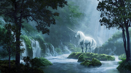 Fototapety  Beautiful unicorn in a magical forest - digital illustration