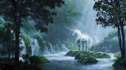 Fototapete Schönes Einhorn in einem magischen Wald - digitale Illustration © T Studio