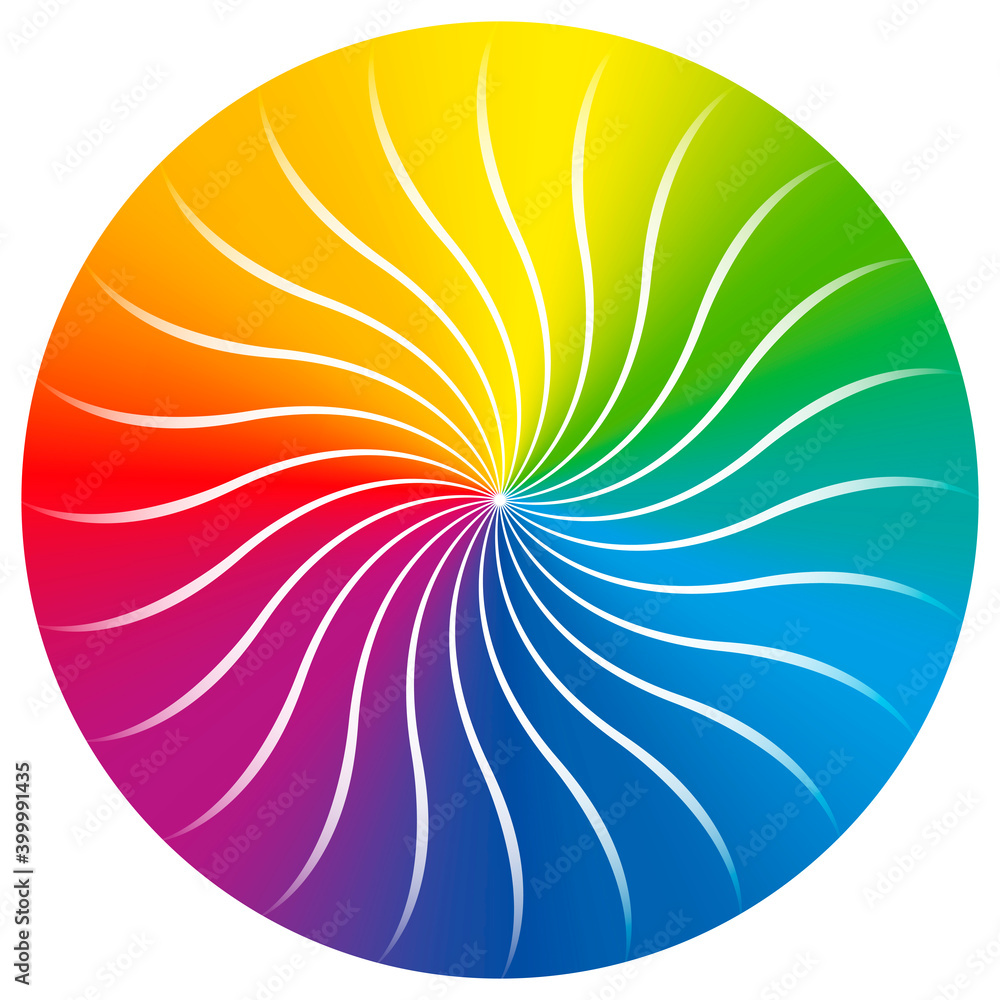 Aufkleber rainbow colored circle with concentric wave pattern. color gradient twisted disc shaped vector illus