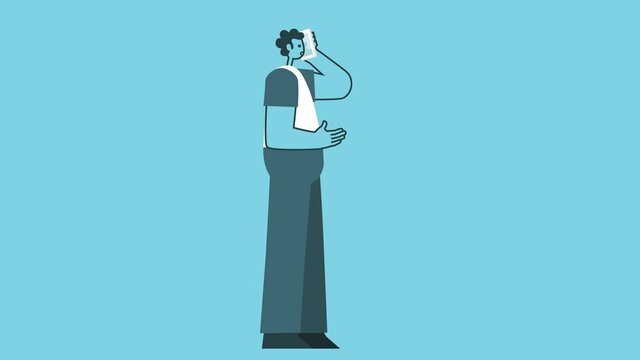 Graphic Flat Design Bold Man Cartoon Character Call Mobile Phone Isolated Loop 2d Animation. Luma Matte.
