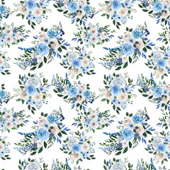 Watercolor blue roses pattern. Dusty blue and white peonies compositions seamless texture. Floral elegant tiled pattern. Background for wrapping paper, wedding, design