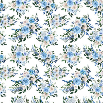 Watercolor blue roses pattern. Dusty blue and white peonies compositions seamless texture. Floral elegant tiled pattern. Background for wrapping paper, wedding, design © Anton