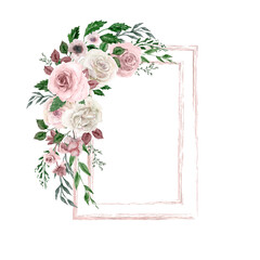 Watercolor rectangle frame. Pink foliage geometric frame. Decorated with pink and white flowers and leaves. Herbal greenery composition. Save the date, wedding, birthday invitation