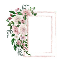 Watercolor rectangle frame. Pink foliage geometric frame. Decorated with pink and white flowers and leaves. Herbal greenery composition. 