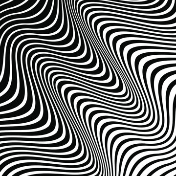 Abstract zebra pattern with white curved lines. Optical art. Digital image with psychedelic stripes. Vector illustration. Ideal for prints, abstract background, posters, tattoo and web design