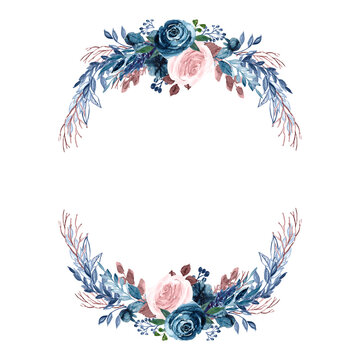 Watercolor pastel wreath. Hand painted dusty pink and dusty blue floral arrangement. Vintage garland with peonies and leaves. Rose composition frame. For invitations, wedding, bridal shower