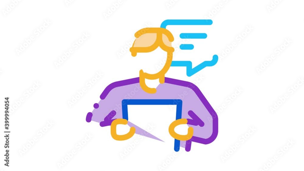 Poster speaker reading from paper list icon animation. color speaker reading from paper list animated icon 