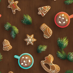 Cookies and hot chocolate on brown wooden background seamless pattern, hand drawn tea cups cacao, marshmallow, pine branch, Christmas mood