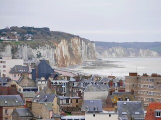 View to roofs of Dieppe, ocean and white cliffs behind