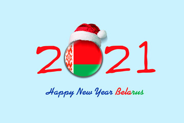 2021. Happy New Year Belarus. Flag of Belarus in a round badge, and in a Santa hat. 3D illustration. Isolated on a light blue background. Design element.