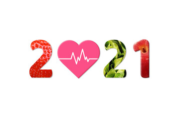 2021 Happy New Year for healthcare. Fruit and vegetables which make 2021 number isolated on white background.