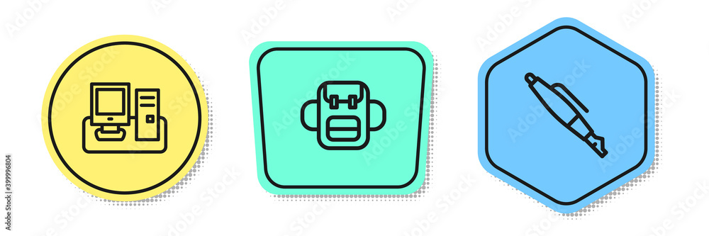 Aufkleber set line monitor with keyboard, school backpack and fountain pen nib. colored shapes. vector.