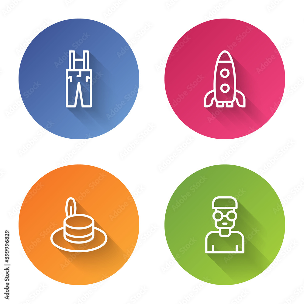 Poster set line pants with suspenders, rocket ship, man hat and nerd geek. color circle button. vector.