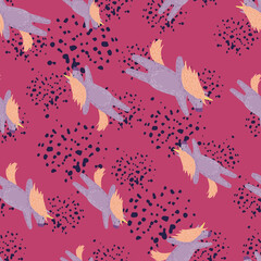 Seamless pattern with random fairytale unicorn silhouettes in light putple color. Pink background with splashes.
