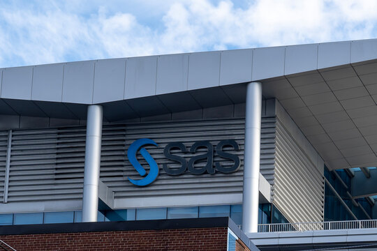 Toronto, Canada - November 9, 2020: SAS sign on their Canada's headquarters building is seen in Toronto. SAS Institute is an American multinational developer of analytics software.