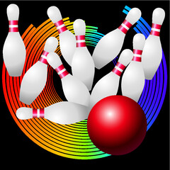 Skittles and red bowling ball on a black background with colored circles