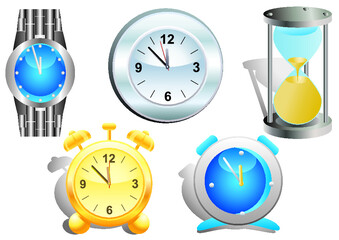 hourglass, wristwatch, alarm clock, wall clock. 