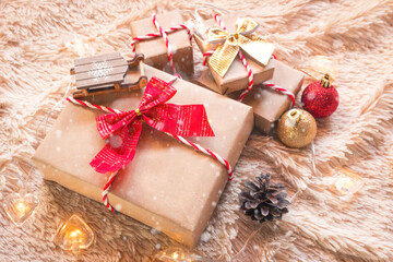 christmas gifts, garland and christmas toys close up