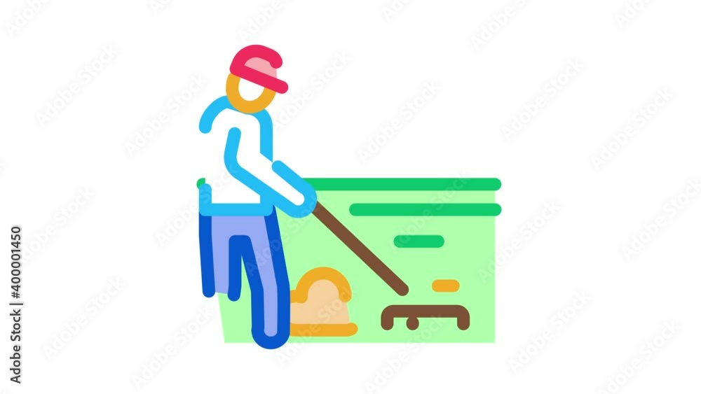 Sticker cleaning man with rake Icon Animation. color cleaning man with rake animated icon on white background