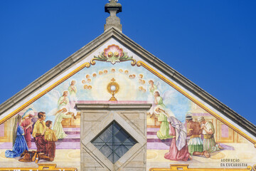  facade covered with azulejos of the Nossa Senhora do Amparo Church located in Valega, district of Aveiro, Portugal