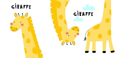 set with cute giraffe isolated on white background. Vector illustration in a modern cartoon style, for printing on packaging paper, postcard, poster, banner, clothing. Cute children's background.
