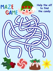 Christmas time maze game with elf stock vector illustration. Help the elf to find the candy - colorful printable page. Funny educational visual puzzle for preschool and school children. One of a serie