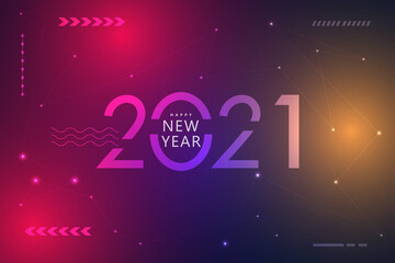 2021. Happy New Year 2021 text design. Futuristic technology background.