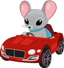 Cute mouse-boy in a red car. Vector illustration