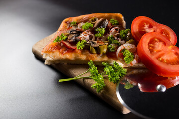 Pizza with roller knife. Vegan pizza. Slice of pizza.