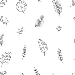 seamless pattern with cute twigs and flowers, childrens doodle illustration
