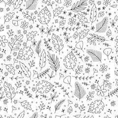 seamless pattern with flowers, leaves, branches, palm leaves, childrens doodle illustration