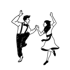 Couple dancing hand-drawn illustration. Cute cartoon vector clip art of a boy and girl performing pair dance at the party as a duet. Black and white sketch of a man and woman dancing together