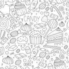 seamless pattern with cute sweets, cakes, pastries, sweets, kids doodle illustration