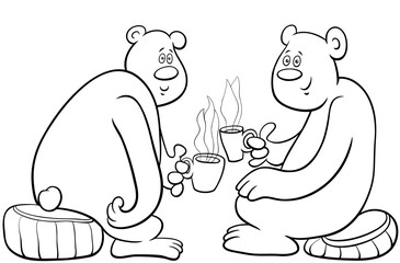 bears drinking tea cartoon illustration coloring book page