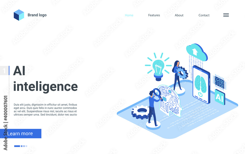 Poster website creative landing page design, cartoon engineer people learning digital robot brain machine i