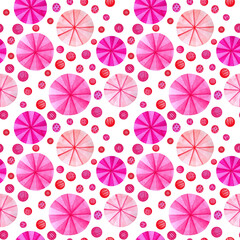 Fototapeta na wymiar Watercolor paper holiday rosettes in pink colors. Watercolor seamless pattern with pink rosettes on a white background. Rosettes for Valentine's Day.
