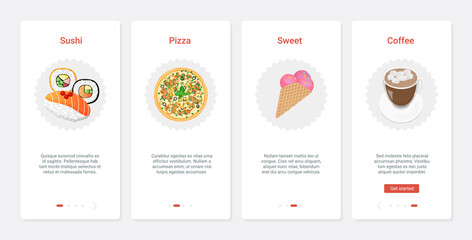 Fast food cafe with sushi pizza ice cream and coffee vector illustration. UX, UI onboarding mobile app page screen set with line takeaway product for cafeteria, pizzeria, pastry shop restaurant menu