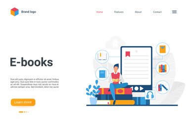 Website creative landing page design with cartoon man student character reading book, using bookreader or smartphone library app. Online distance education technology, e-books vector illustration