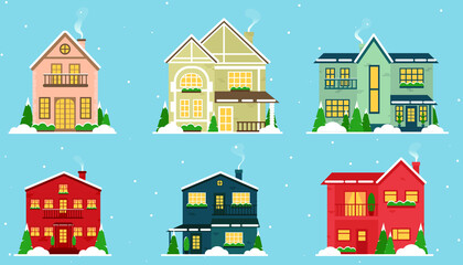 Snowy christmas town. Winter houses. Houses in the snow and this cottages set. Winter Christmas homes front view of snow covered buildings. Vector illustration