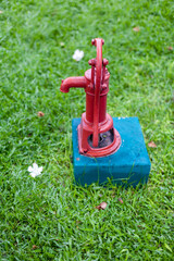 Hand water pump in graden. Very cute mini hand pump vintage style..