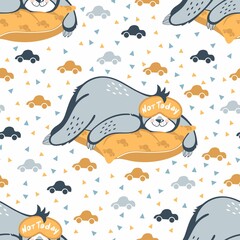 Vector seamless pattern sloth bear sleeps on a pillow. Sloth in a sleep mask. The inscription is not today. Design for printing on children's clothing, textiles, paper, packaging, wallpaper.