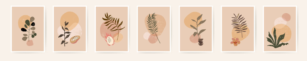 Boho aesthetic abstract botanical wall art poster prints. Scandinavian design, neutral natural colors. Bohemian collage wall prints. Mid Century Modern design. Plant fruit posters. Vector illustration