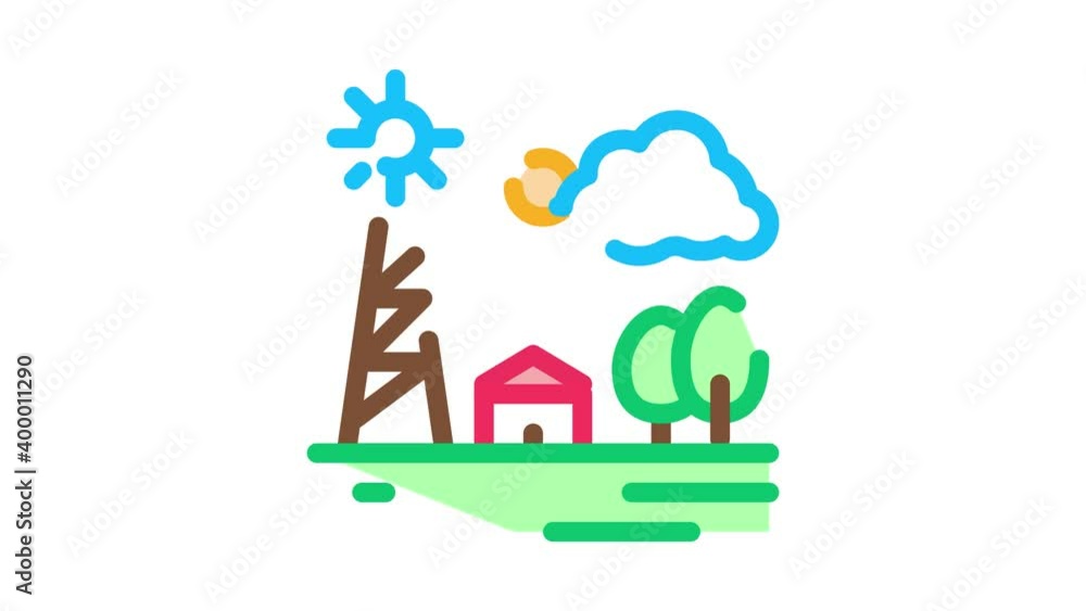 Poster communication tower in village icon animation. color communication tower in village animated icon on