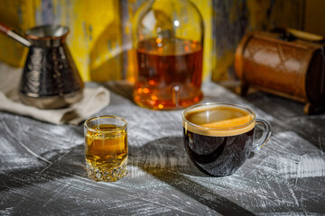 Carajillo, traditional Spanish coffee with brandy, whiskey, cognac or rum