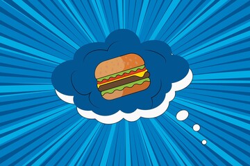 Burger illustration on radial blue background with comic book speed lines. Thought bubble about burger. Dream cloud about food. Vintage cartoon style. Pop art fust food.