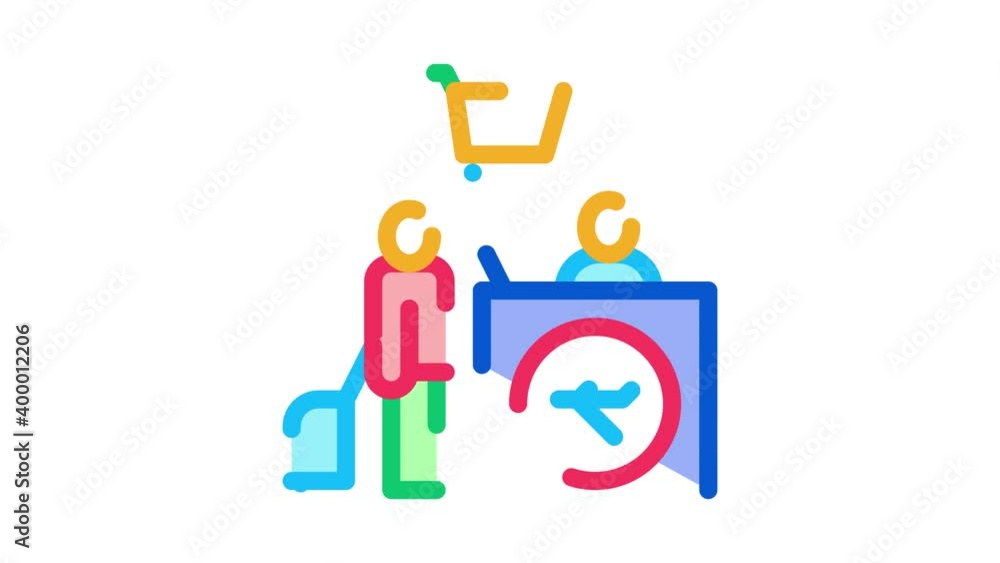 Poster man with suitcase at checkout duty free icon animation. color man with suitcase at checkout duty fre