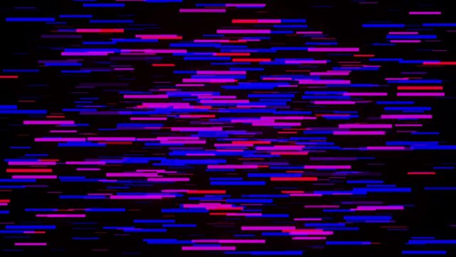 Abstract colorful short horizontal lines moving randomly on black background. Animation. 3D movements of endless narrow stripes, seamless loop. 